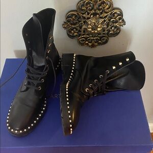 🖤Stuart Weitzman Womes Sz 8 Sondra Black Leather Lace-Up Combat Boots Pearl Trim